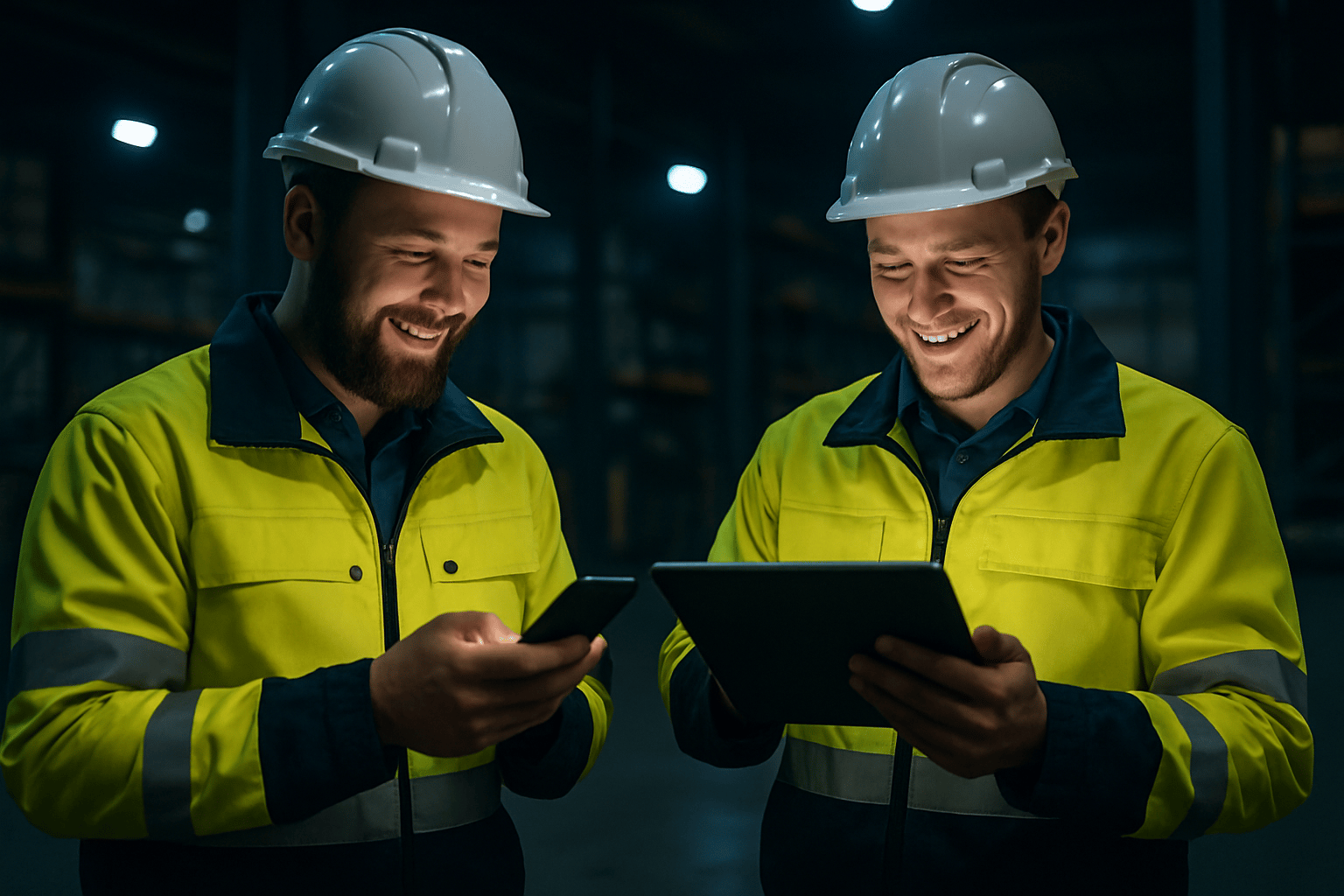 British engineers in a dim light warehouse happily using software on their mobile and tablet devices