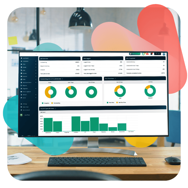 Joblogic field service management software dashboard showing jobs, engineers and compliance in one system