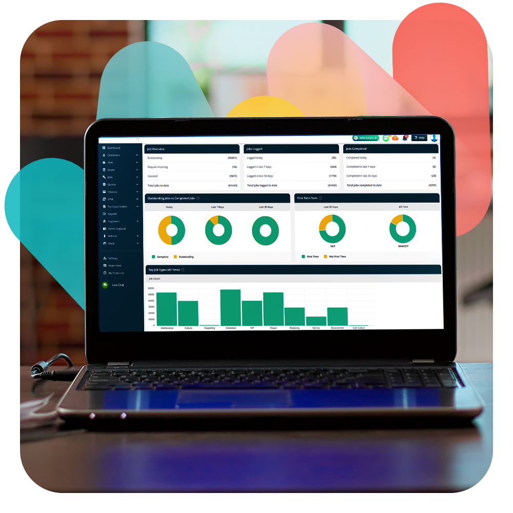 Platform interface with job metrics and asset tracking across properties