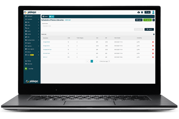 Schedule of Rates library within Joblogic desktop