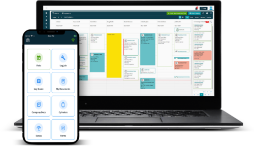 Laptop and mobile phones displaying Joblogic’s back-office interface and the field engineer mobile app