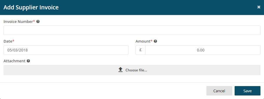 Screenshot of Joblogic software - Add supplier invoice window