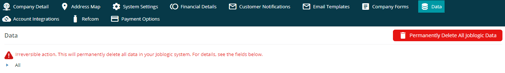 Joblogic Web - 'Company Details > Data' page