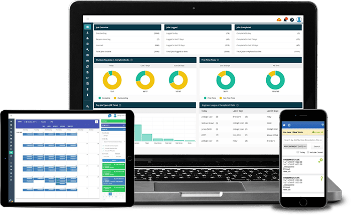 Laptop, tablet and mobile phone displaying Joblogic's interface