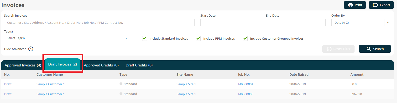 Screenshot of Joblogic software - Invoices section - displaying the location of draft invoices tab