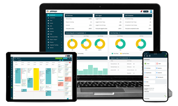 Laptop, tablet and mobile phone all showing different ways of accessing Joblogic's many field service management software interfaces