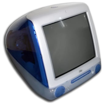 Blue and silver Apple iMac desktop computer