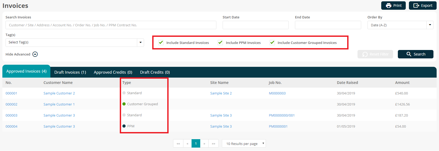Screenshot of Joblogic software - All invoices screen - Approved invoices tab - Tye column highlighted and checkboxes highlighted