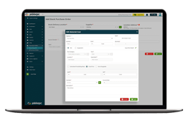 Screenshot of Joblogic's Add Stock Purchase Order section with Edit Marterial Cost window open
