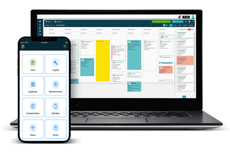 Laptop and mobile phones displaying Joblogic’s back-office interface and the field engineer mobile app