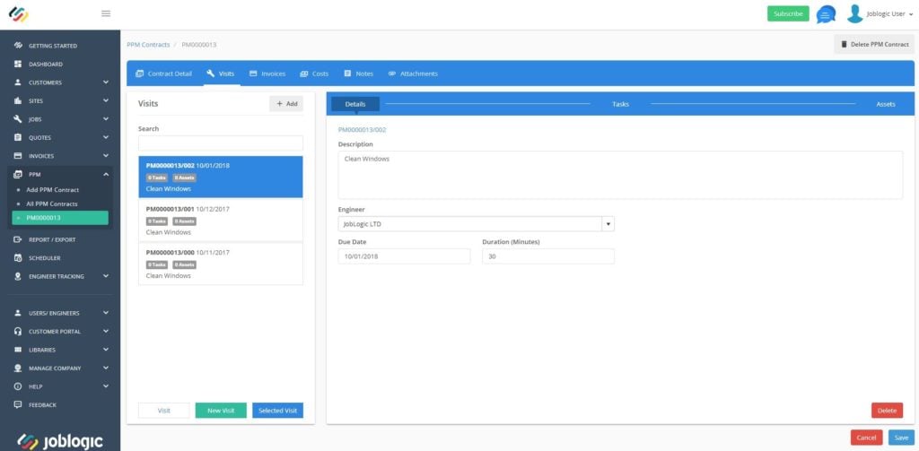 Screenshot of Joblogic software - PPM Visits Screen