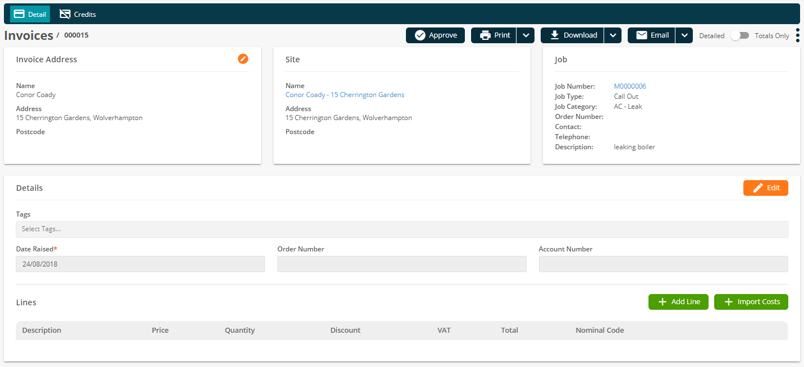 Joblogic Web - 'Invoice Detail' screen