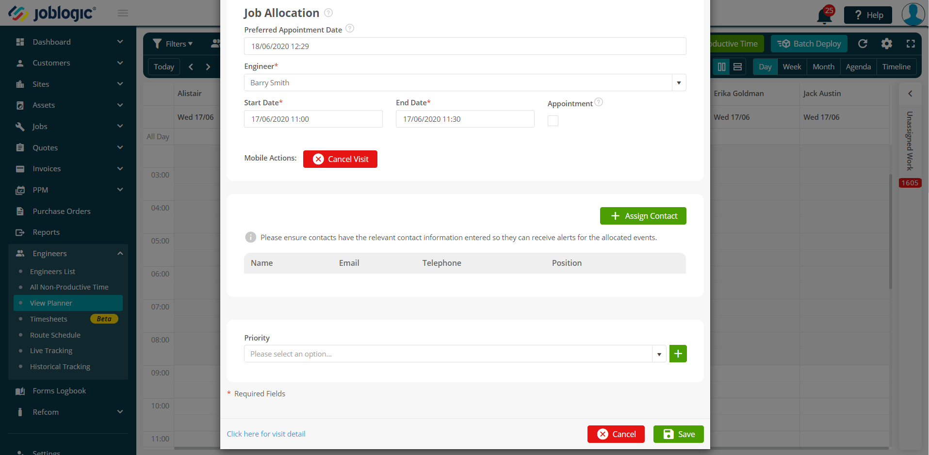 Planner detail job allocation