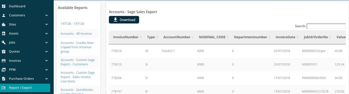 Joblogic Web - 'Report/Export' screen