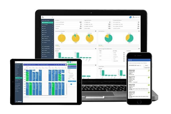 Laptop, tablet and mobile phone displaying Joblogic's interface