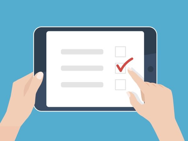 Graphic of someone filling out a mobile form on a tablet