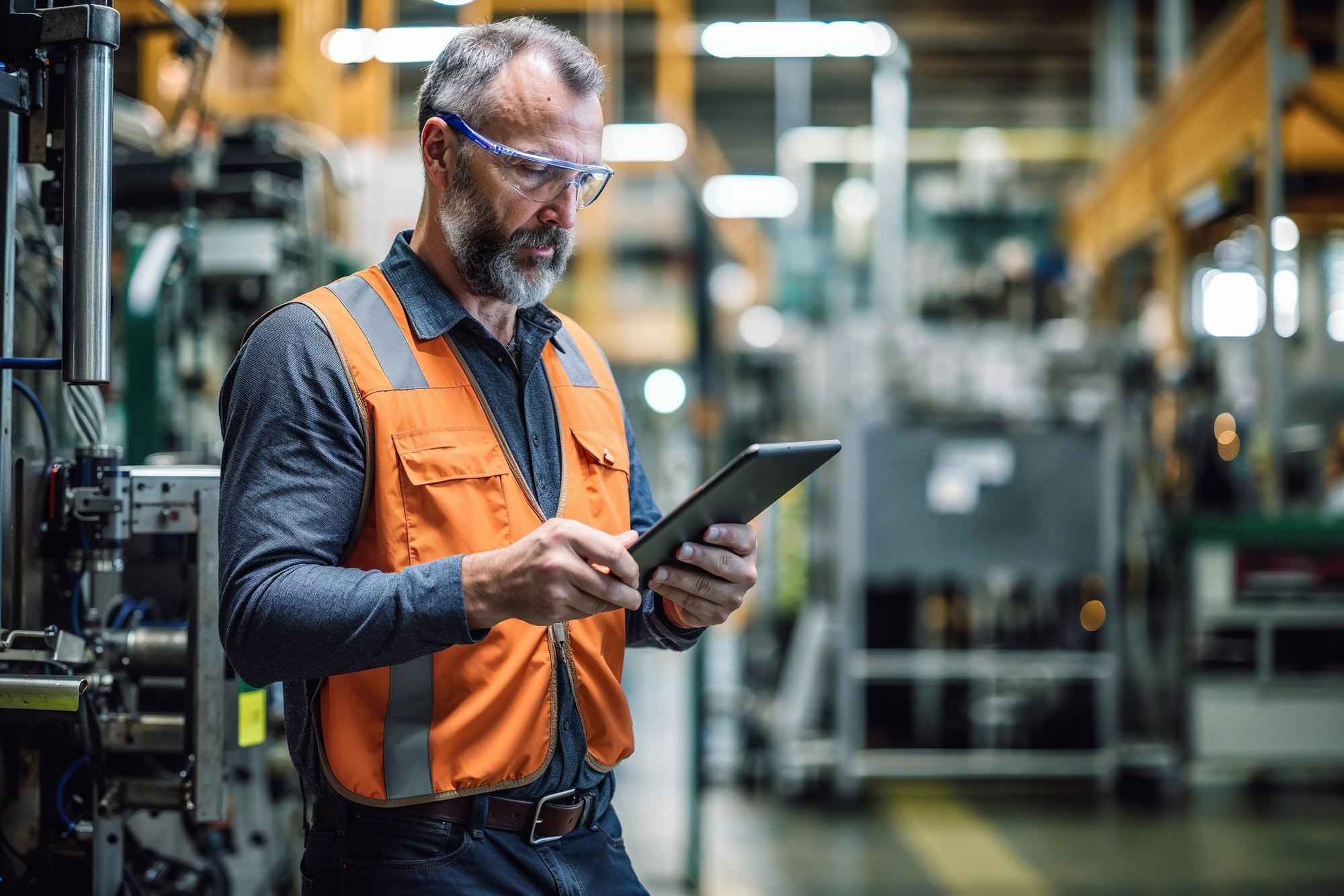 technician-wearing-orange-safety-vest-concentrates-using-tablet-factory-generative-ai